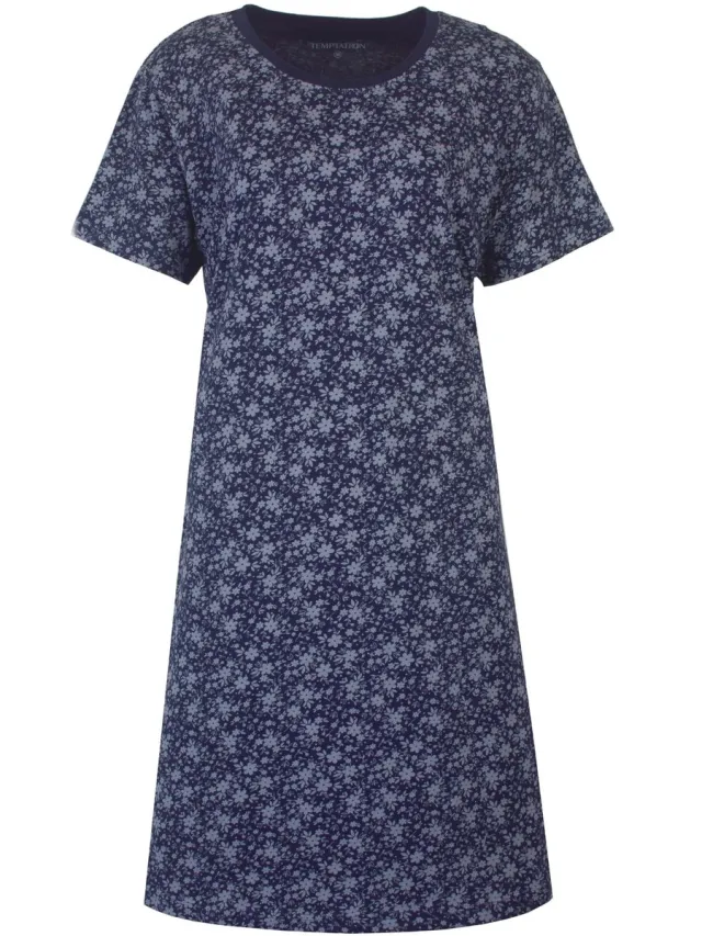 Temptation Dames Nachthemd - Katoen - Korte Mouwen - Blauw