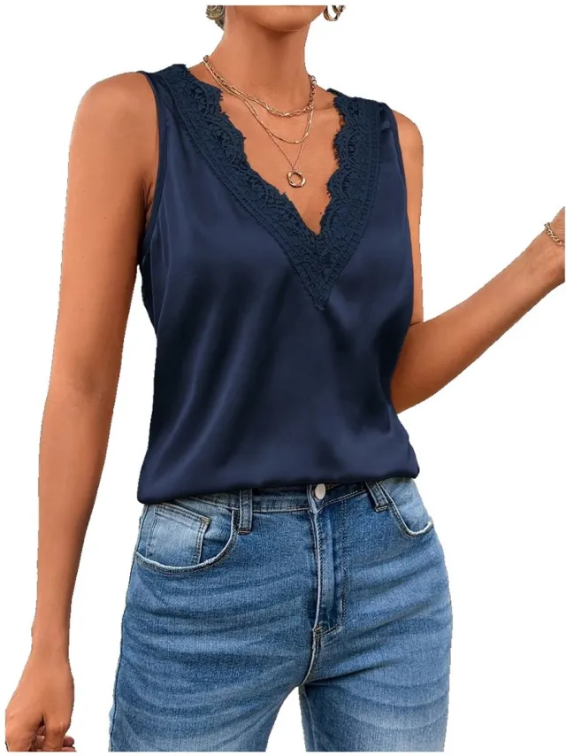 Currero Top Met Kant Dames - Topje - Kleding - Shirt - Blouse - Kort - Volwassen - Marineblauw