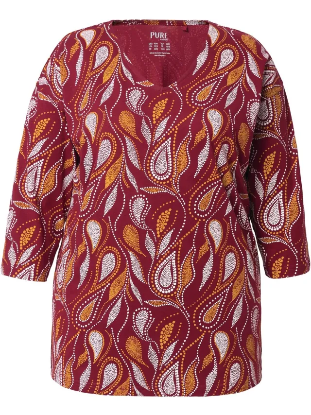 Ulla Popken Dames - Pyjamashirt paisley V-hals 3/4-mouwen biologisch katoen - Donker kersenrood - Maat 46+