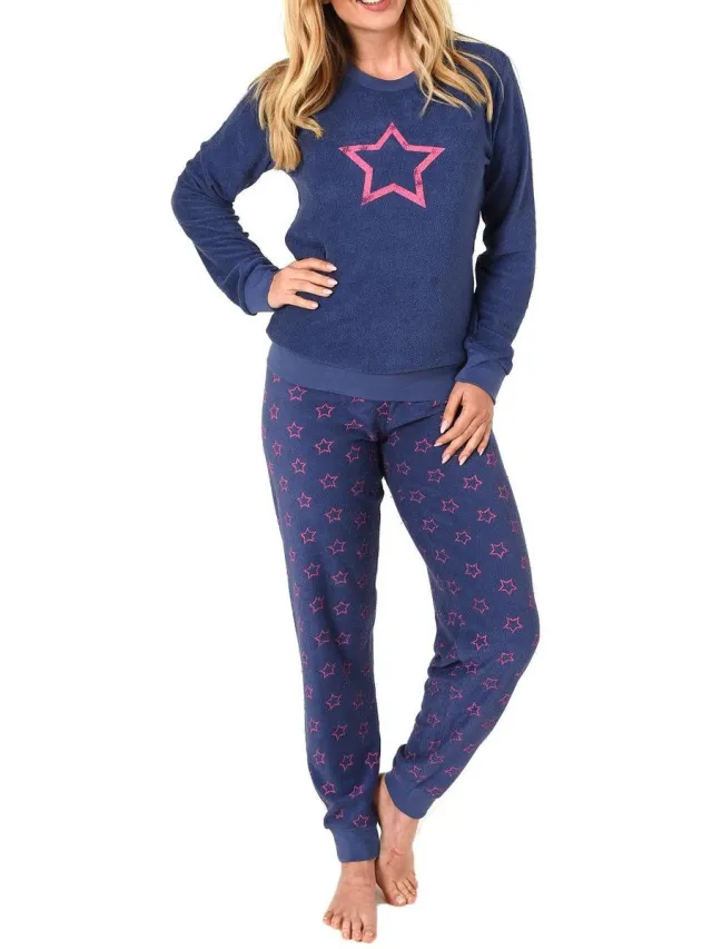 Normann Dames badstof pyjama's met lange mouwen, manchetten en sterretjesoptiek - 291 201 13 942 blau