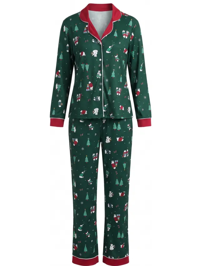 Trendyol TRENDYOLMİLLA Dames 2-pack Groen Kerst- Lang Loungewear Regular fit Pyjama- Sets
