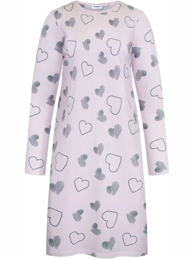 GAUBERT Essential Dames Nachthemd Lange Mouw - Premium Gekamd Katoen - All-Over Print Big Hearts - Roze - GB-6802 Lange Mouw, Roze, Big Hearts
