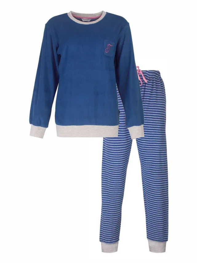Tenderness Dames Pyjama - Badstof - Ronde Hals - Blauw