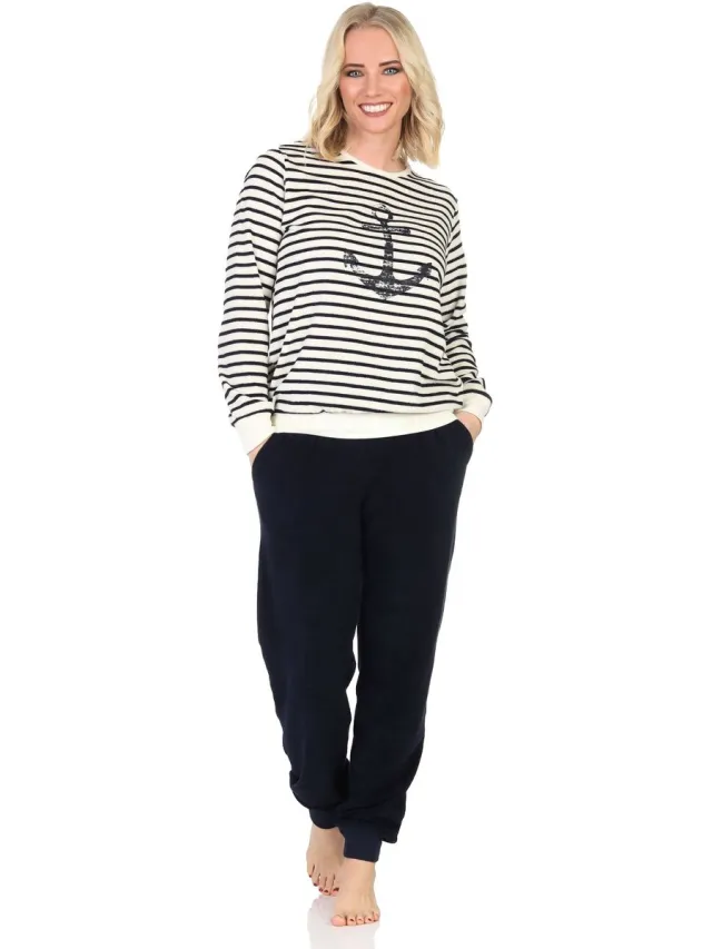 Normann badstof pyjama voor dames met maritieme look en ankermotief - ook in grote maten weiß