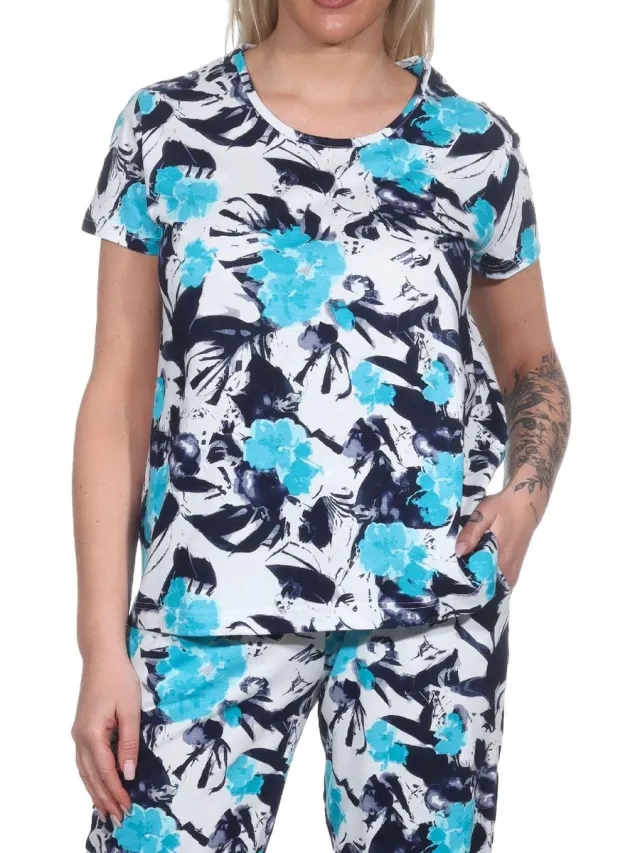Normann Dames Pyjama Shirt korte Mouw Pyjama Top Mix & Match in Floral Optics hellblau