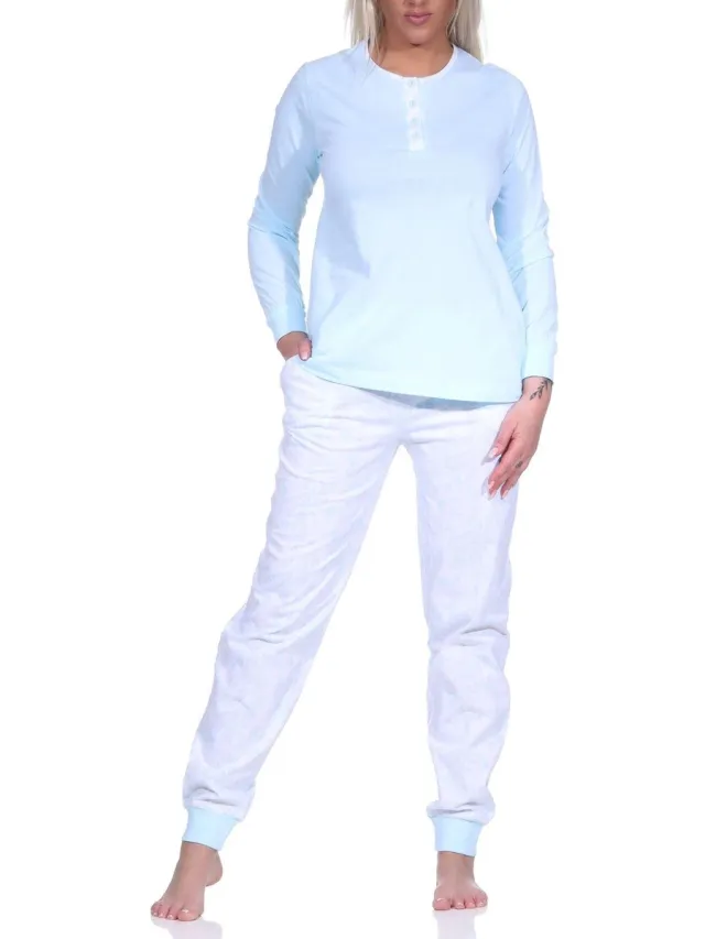 Normann Damespyjama met knoopjesvoorkant en broek met Paysley-patroon hellblau