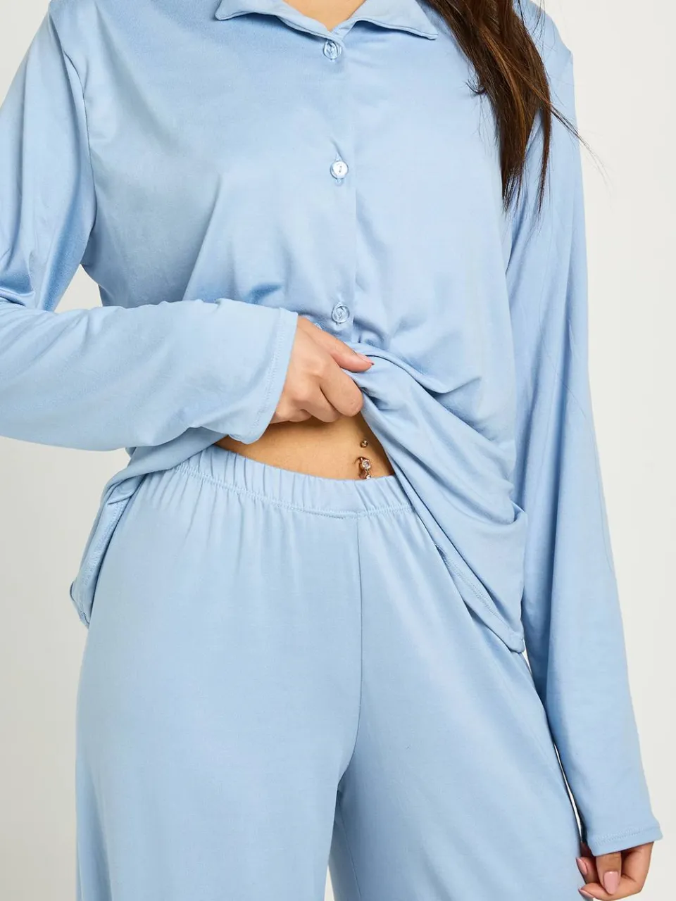 boohoo Dames Zachte Jersey Pyjama Set Met Shirt Met Lange Mouwen & Broek babyblauw, foto 4