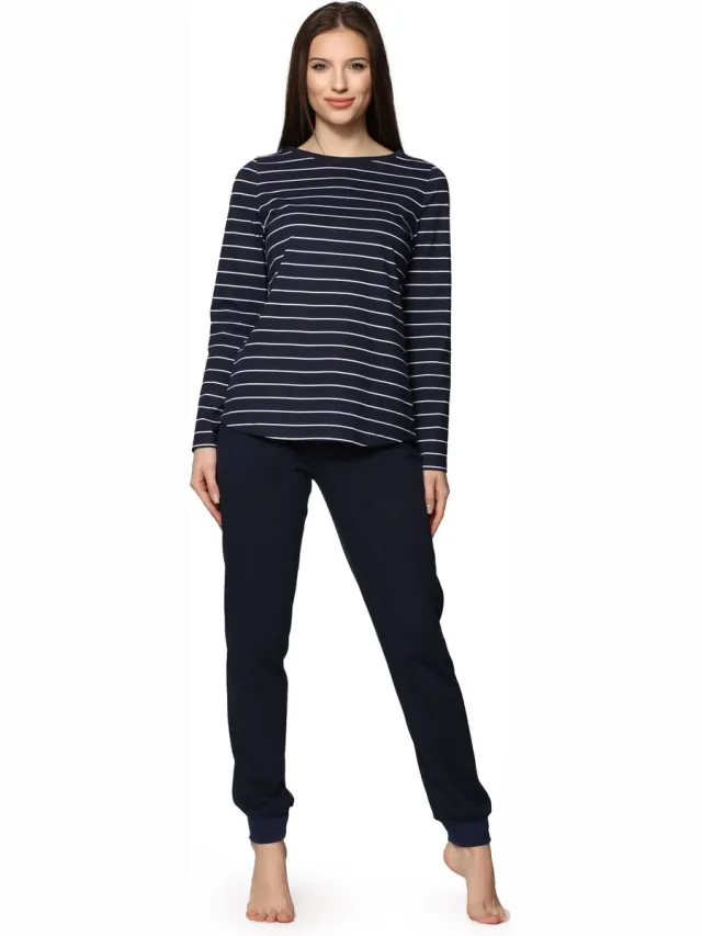 Bellivalini Dames Pyjama - Lange mouwen - Lange broek - Katoen - BLV-BLV50-166-PJ - Marine Wit