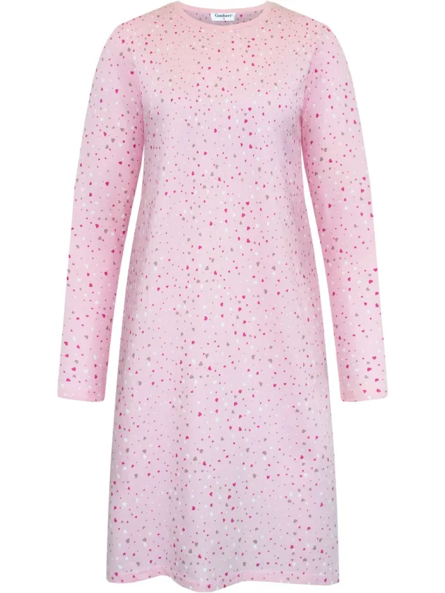 GAUBERT Essential Dames Nachthemd Lange Mouw - Premium Gekamd Katoen - All-Over Print Tiny Hearts - Roze - GB-6806 Lange Mouw, Roze, Tiny Hearts
