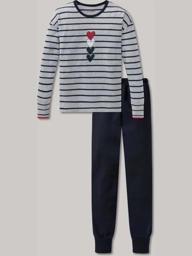 Schiesser Pyjama lang interlock strepen hartjes grijs-gemêleerd - Red Delight - 10 jaar