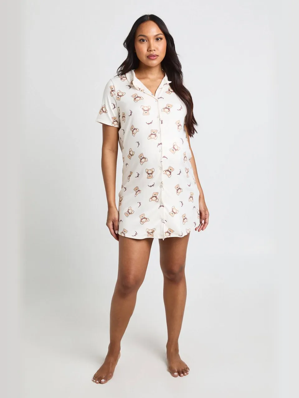 boohoo Dames Zwangerschaps Nachthemd Met Berenprint En Strikjes, Kraag En Knoopsluiting lichtbruin, foto 3