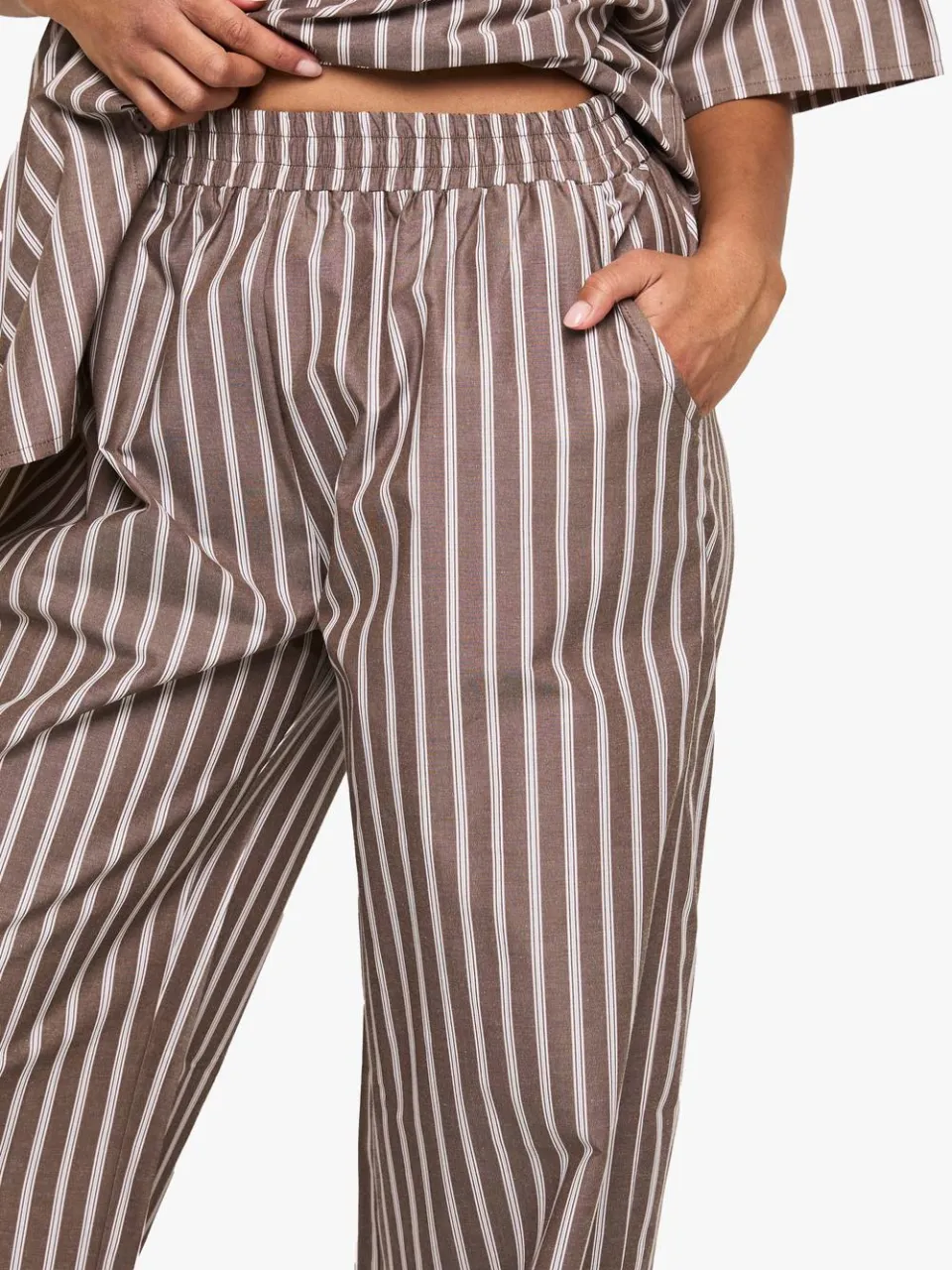 boohoo Dames Katoenen Tonale Gestreepte Pyjamabroek chocoladebruin, foto 4