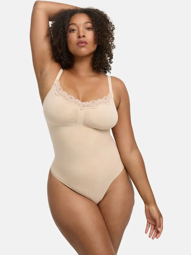 cfab Bodysuit met corrigerende werking en kant - Zandkleur - Corrigerende Body - Naadlos - corrigerend ondergoed dames