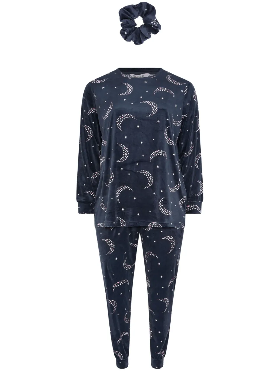 Yours Marineblauwe Maan & Ster Fleece Pyjama & Scrunchie Set-48, foto 4