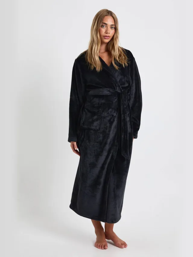 boohoo Dames Maxi Fleece Badjas met Capuchon Zwart