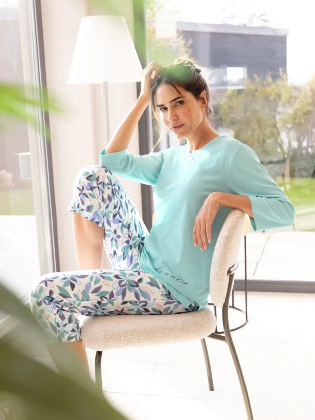 Hajo dames pyjama turquoise bloemen - Blauw - Maat - 52/54