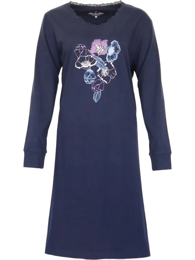 Medaillon Dames Nachthemd - Bloemenprint - Peacoat Blauw