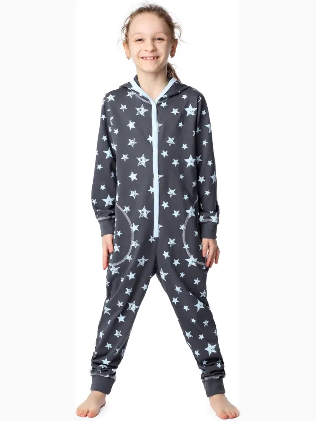 Merry Style Kinder Pyjama - ronde hals - lange mouwen - lange broek met zakken - Katoen - MS-MS10-223-PJ - Grau Blaue Sterne - 122-128