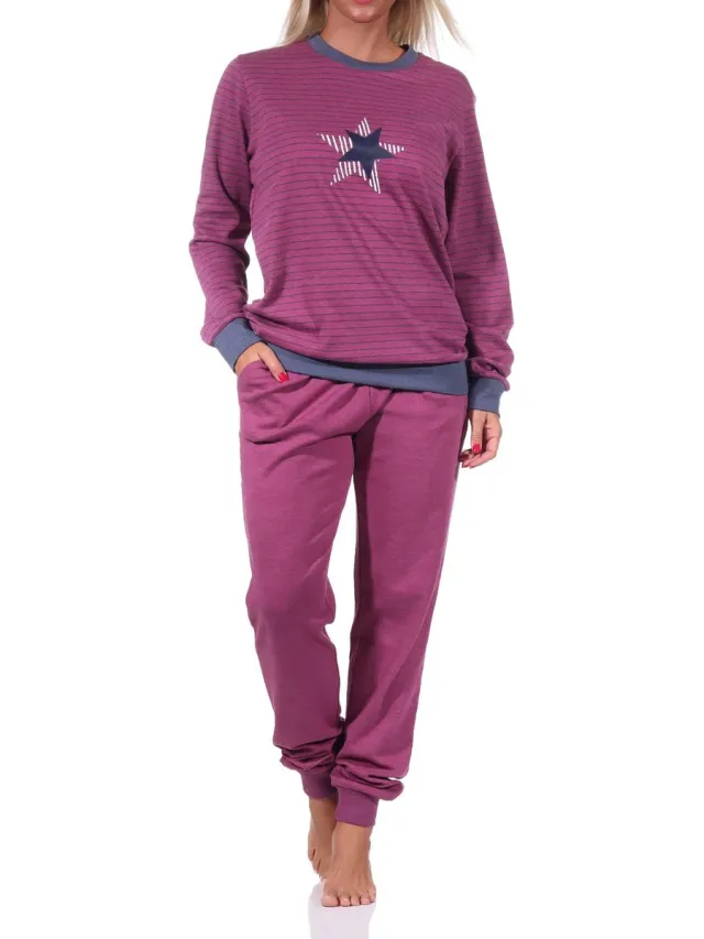 Normann Knuffel interlock damespyjama met lange mouwen, manchetten en stermotief - ook in oversize beere