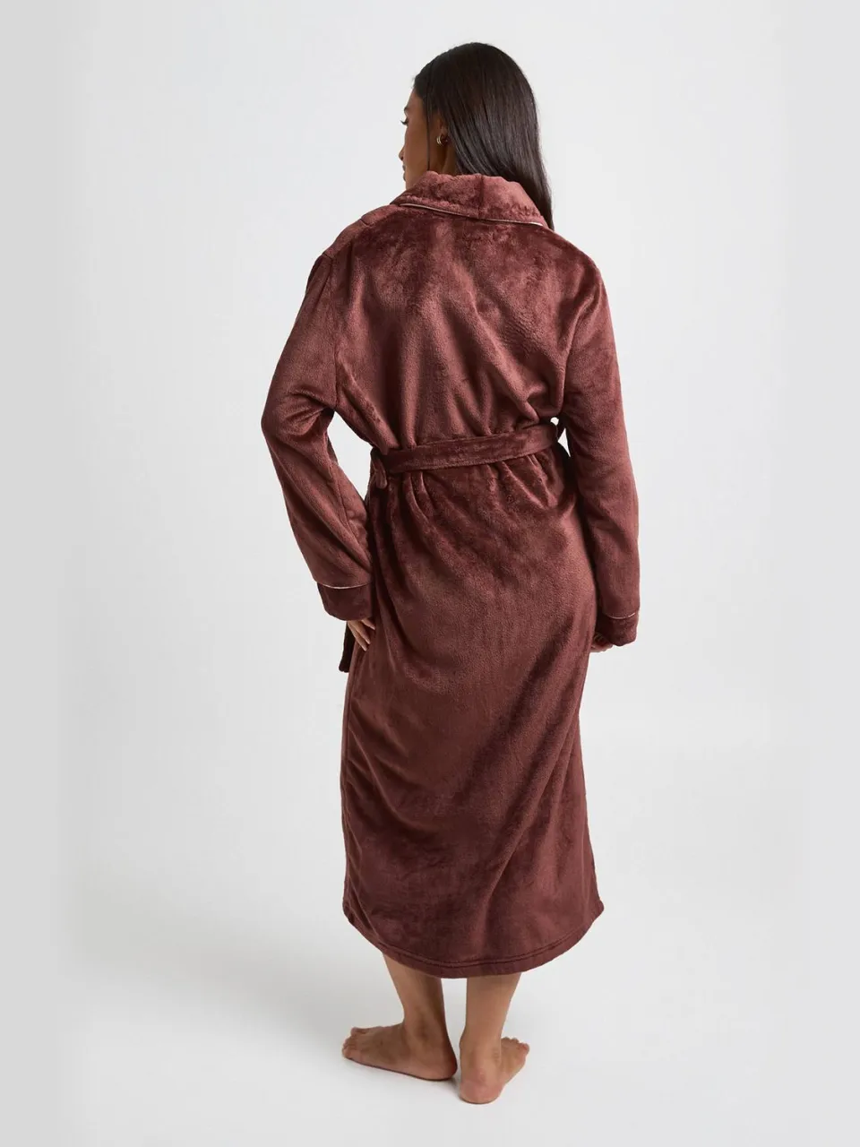 boohoo Dames Fleece Kamerjas Met Paspeldetail En Lange Lengte chocoladebruin, foto 3