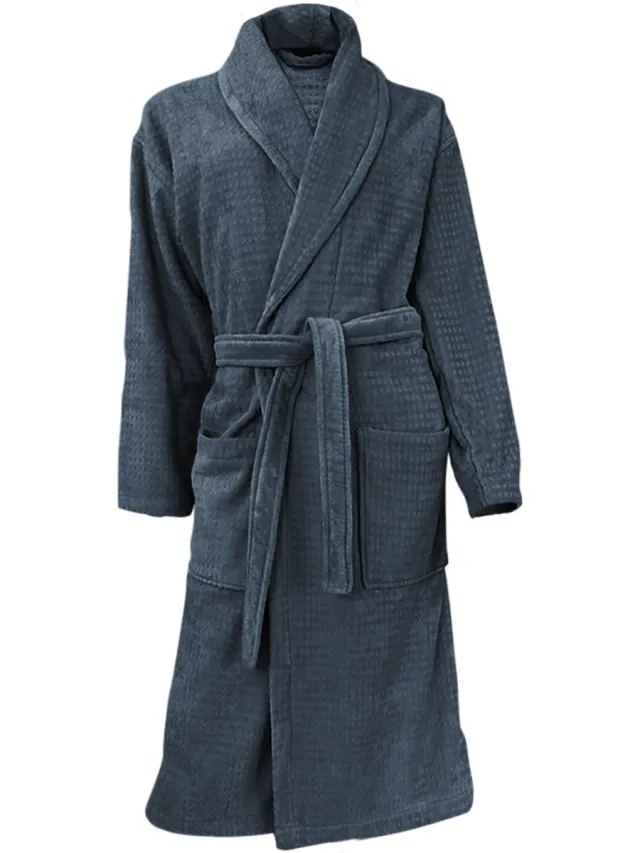 LINNICK Wafel Badjas - Badjas Velours Katoen - Ocean Blue - Badjas Dames - Badjas Heren Blauw