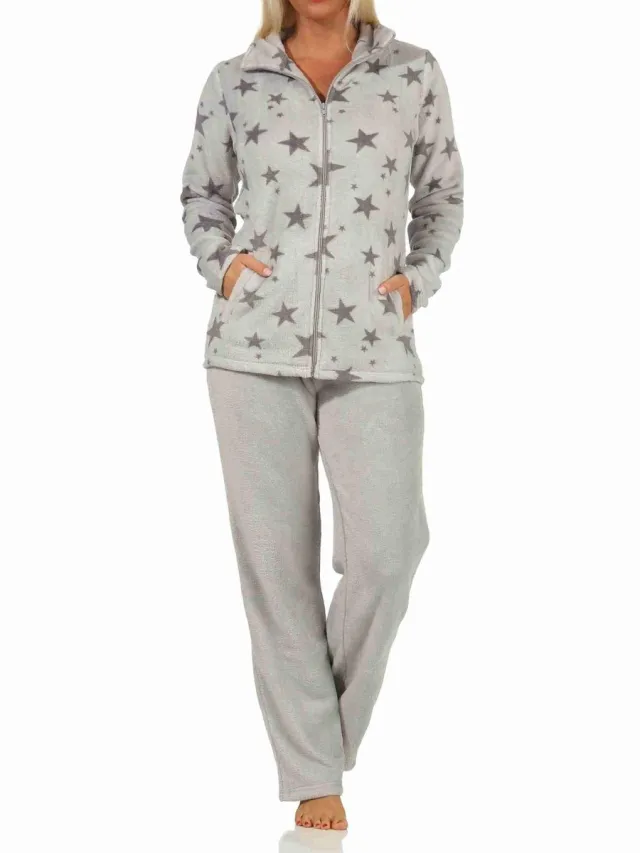 Normann Dames Coralfleece Homewear Loungewear met sterren als motief - 202 216 97 961 grau