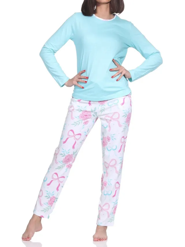 Normann dames lange pyjama in een stijlvolle look met strikken als motief türkis
