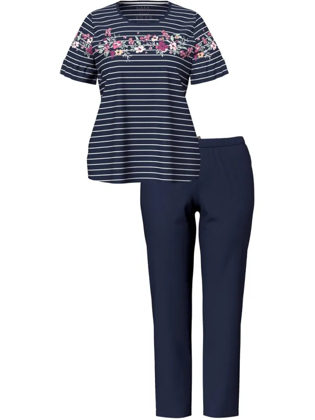 Ulla Popken Dames - Pyjama bloemenstrepen ronde hals korte mouwen met volant - Nachtblauw - Maat 46+