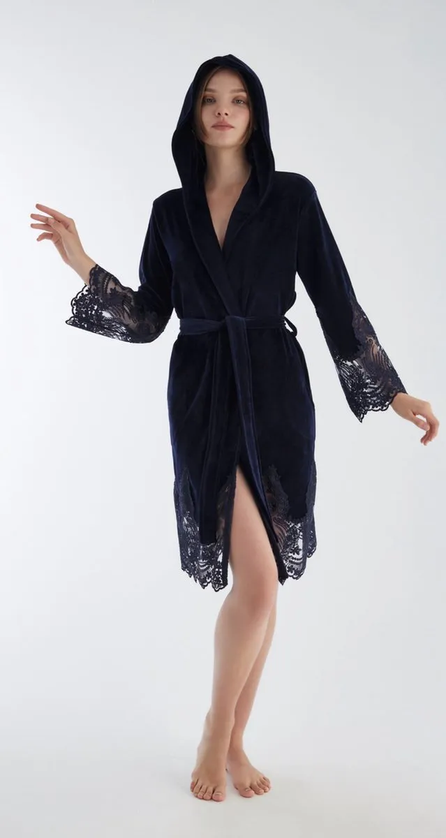 A Sense of Love Dames Velour Ochtendjas/ Badjas Kamilla / Donker Blauw /