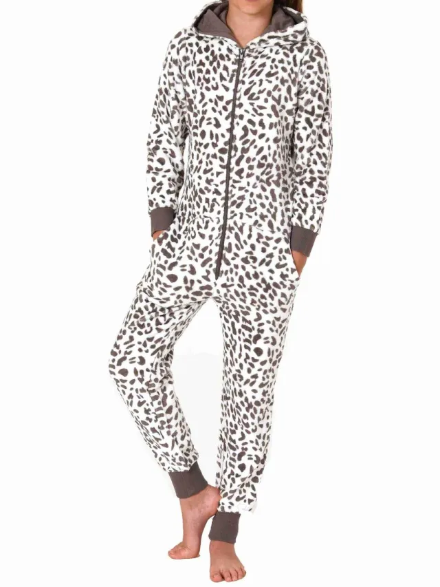 Normann Meisjespyjama jumpsuit overall koraal fleece dierenlook braun
