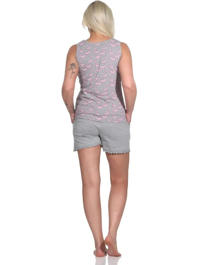 Normann Mouwloze dames okselshorty pyjama met hartmotiefoptiek - ook in overmaat grau-mel.