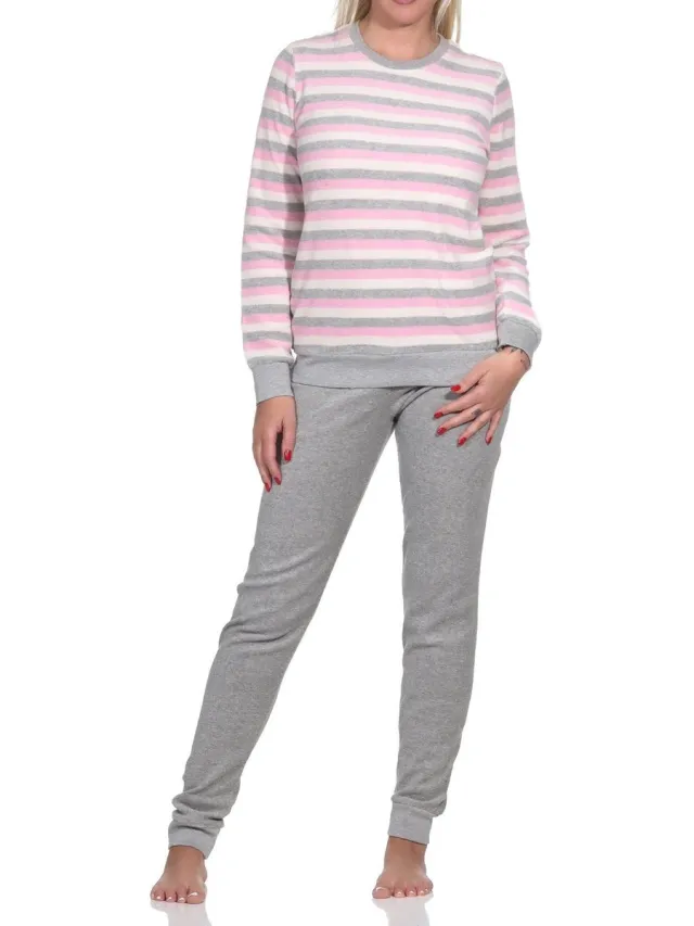 Normann Dames Badstof pyjama met lange mouwen en manchetten - blokstreep-look - ook in overmaten rosa1
