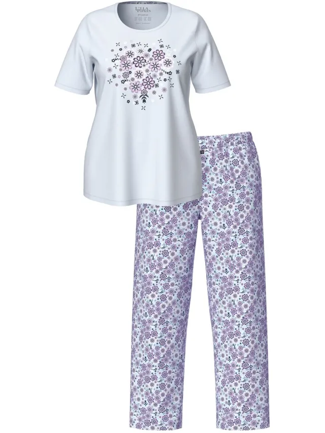 Ulla Popken Dames - Pyjama bloemen ronde hals korte mouwen - Blauw - Maat 46+