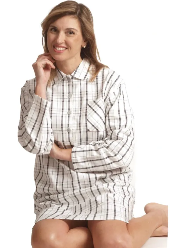 Cocodream Quality Cocodream dames nachthemd flanel - Ruit - ivoor/zwart Ivoor, zwart