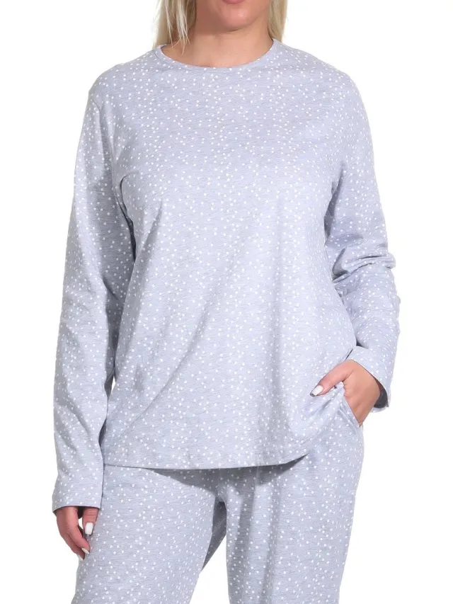 Normann Dames Pyjama Top met lange mouwen Mix & Match in Polka Dot Optics grau-melange