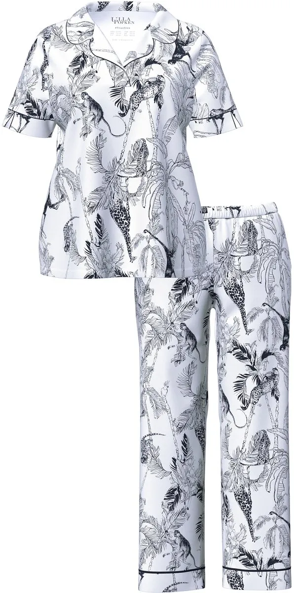 Ulla Popken Dames - Pyjama safari kraag V-hals korte mouw - Off-white - Maat 58+