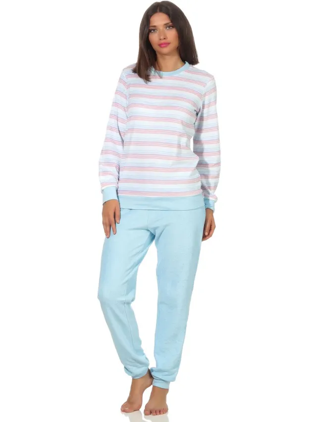 Normann Damesbadstofpyjama met manchetpyjama in een stijlvolle streeplook - 202 201 13 362 hellblau