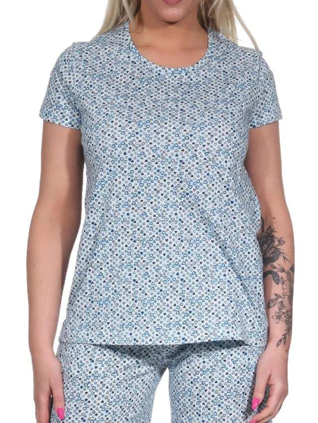 Normann Damespyjamashirt korte mouwen pyjamatop mix & match in hartvormige stippenlook - 122 904 hellblau