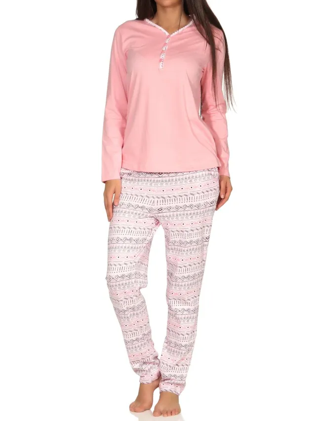 Normann damespyjama met lange mouwen en manchetten in Ethnolook - Ook in oversizes rosa