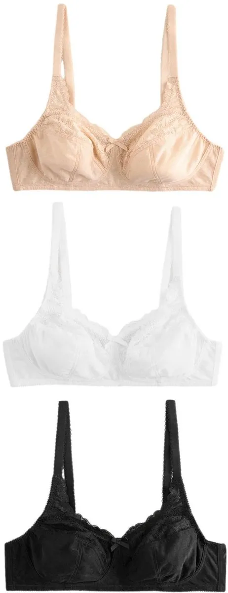 Next Dames - Set van 3 Ultimate Comfort beha's met kant en hele cups, zonder beugels - Zwart Black/White/Almond Nude