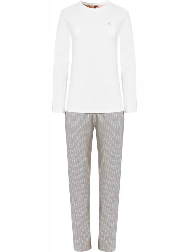 By Louise Dames Pyjama Set Lang Wit/Grijs Gestreept
