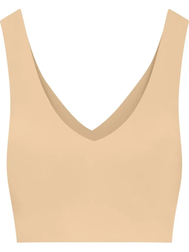 Bye Bra V-hals bh-top, naadloze draadloze bralette met lichte ondersteuning, comfortabele onzichtbare pasvorm voor dagelijks gebruik, dames, 3 kleuren, S-XXL (VK, Alpha, S, Regular, Regular, Standard, Beige)