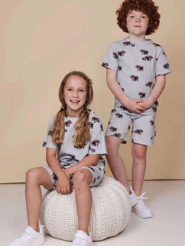 Snurk Kinderpyjama Set – Unisex – Grijs met Nijlpaardprint – Katoen – T-shirt + Short - Maat 140 / 10 jaar