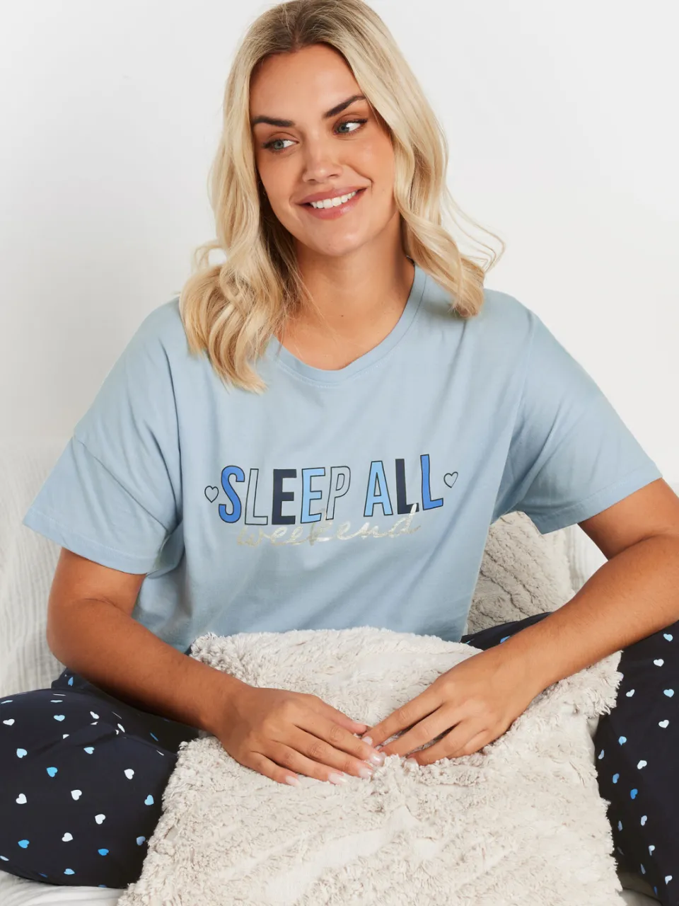 Yours Pyjamaset Met 'Sleep All Weekend' Slogan En Wijde Pijpen In Blauw-44, foto 3