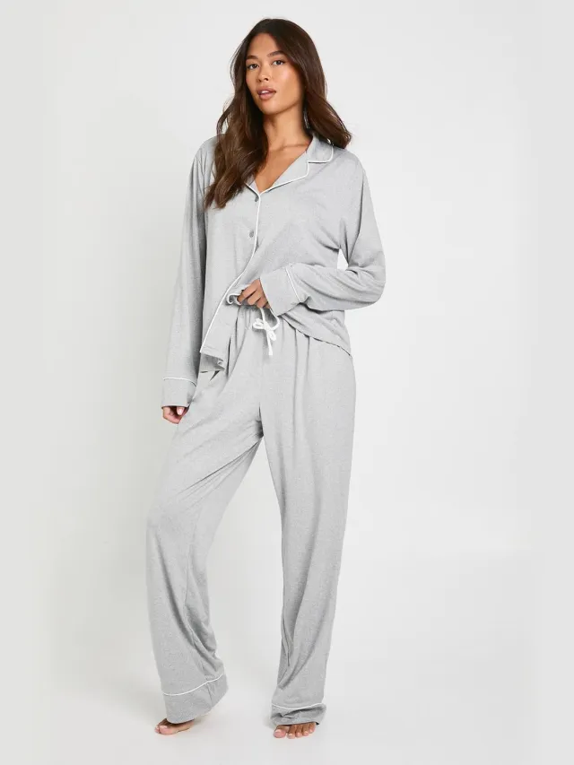 boohoo Dames Jersey met pijpdetail langemouwig shirt & broekpyjamaset Grijze Mergel