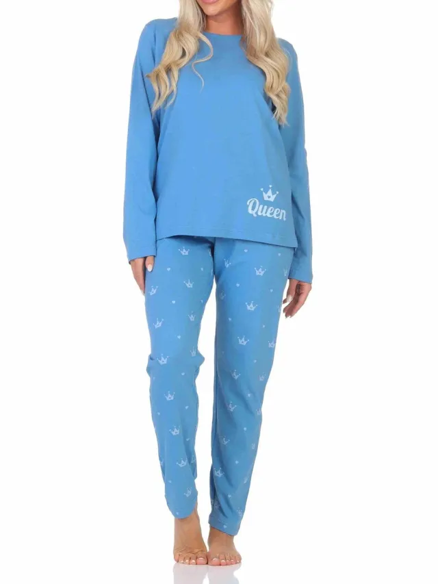 Normann Lange Normann damespyjama in prachtige kleuren en een kroonmotief blau