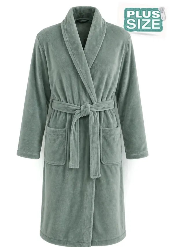 Relax Company Grote maten badjas unisex- sjaalkraag badjas van fleece - Plus size - badjas heren - badjas dames - groen 5XL/6XL olijfgroen