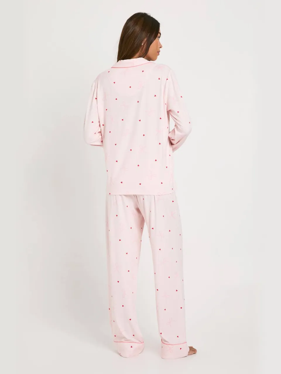 boohoo Dames Super Soft Bow & Heart Trouser PJ Set lichtroze, foto 2