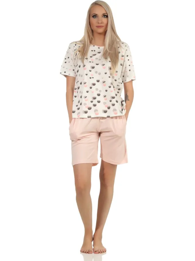 Normann Dames pyjama Shorty met korte mouwen in grote stippen optiek - ook in overmaten rosa