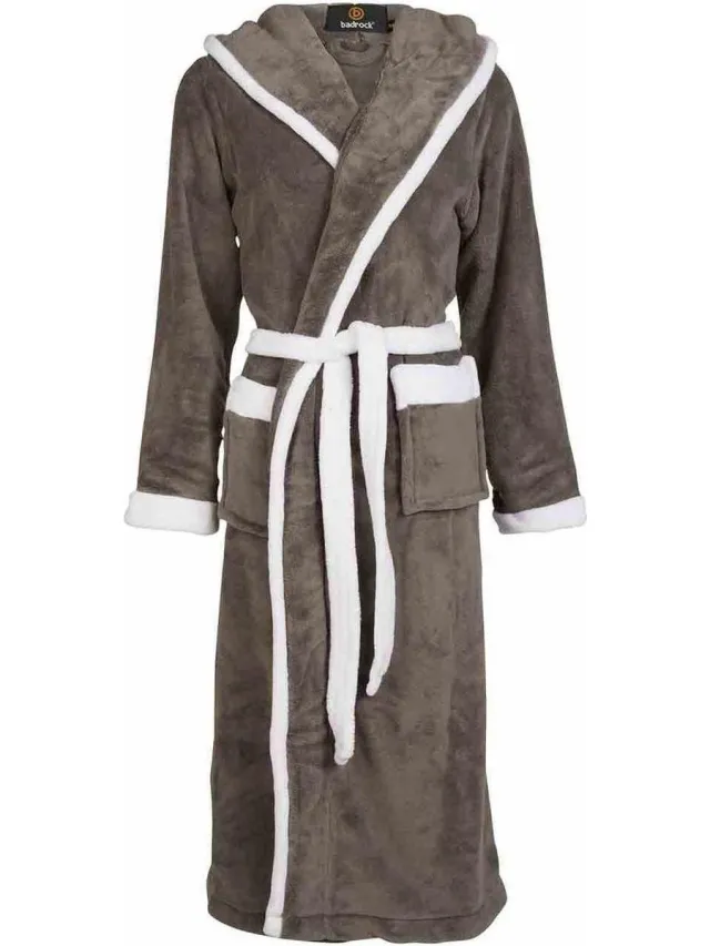 Badrock Badjas capuchon grijs - fleece badjas met capuchon - Badrock grijs met witte bies